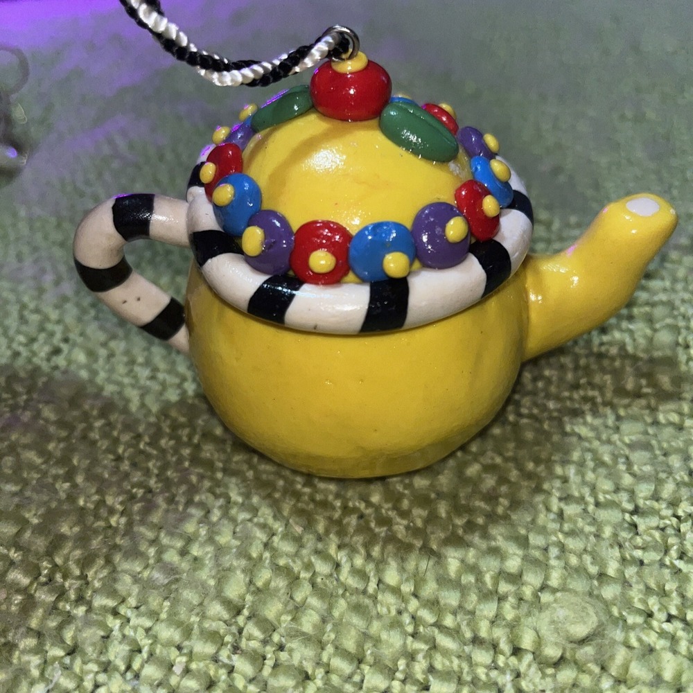 Mary Engelbreit Teapot Ornament Yellow & Multicolor Stamped ME 3" Ribbon Hanger - Picture 2 of 6